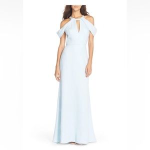 NWT BCBG MAXAZRIA PALE BLUE KATHYA DRAPED CUTOUT GOWN XVR69F43/L556A SIZE 10